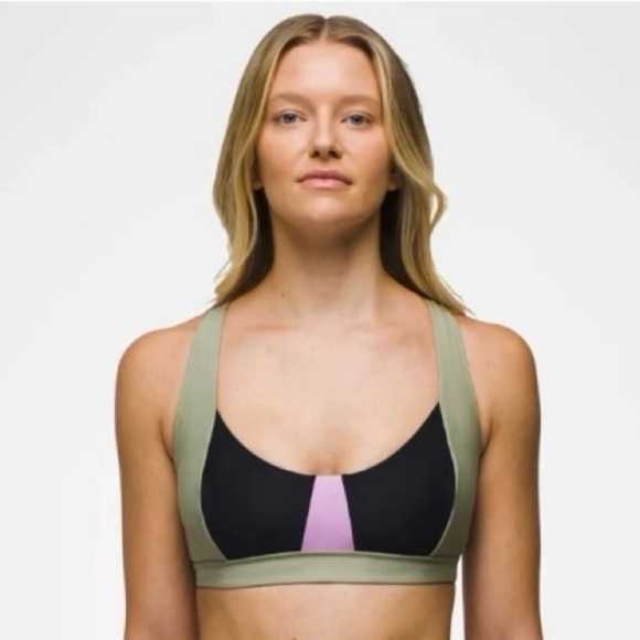 Prana Tulum Bikini Top Size Small Black Color Block Olive Green Black Lilac NWT - Picture 1 of 11